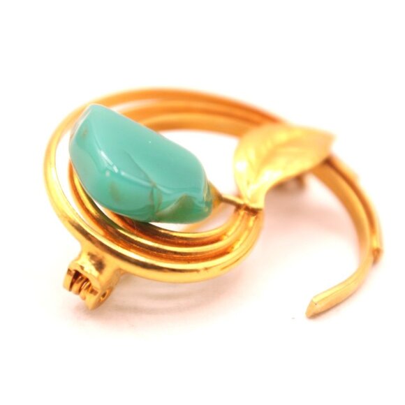 Vintage Leaf Brooch Pin Faux Turquoise Glass Cabochon Unsigned MCM Pc Gold Tone - Picture 2 of 9